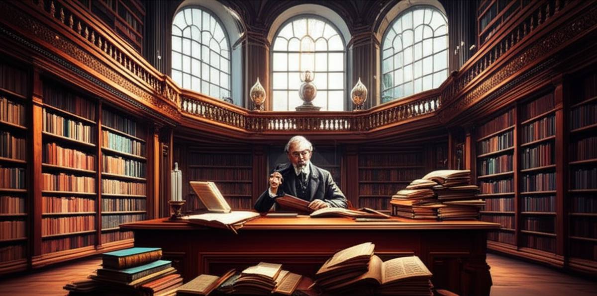 Wealth wisdom: Scholar reading in grand library, unlocking financial success.
