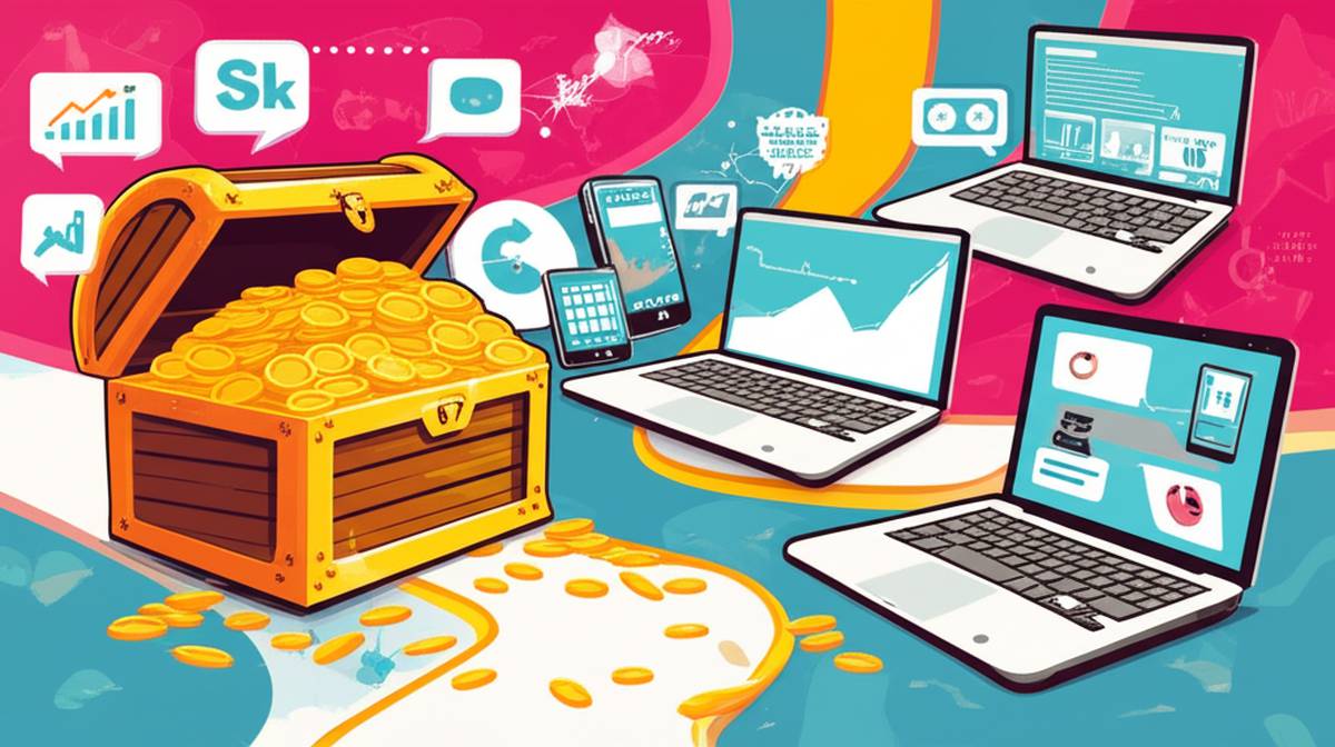 Digital wealth illustration: paths to online business success, growth & gold.