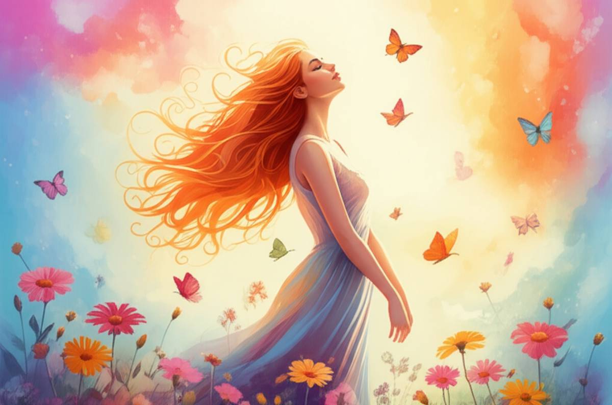 Woman radiating self-love in a vibrant floral setting, bathed in sunlight.