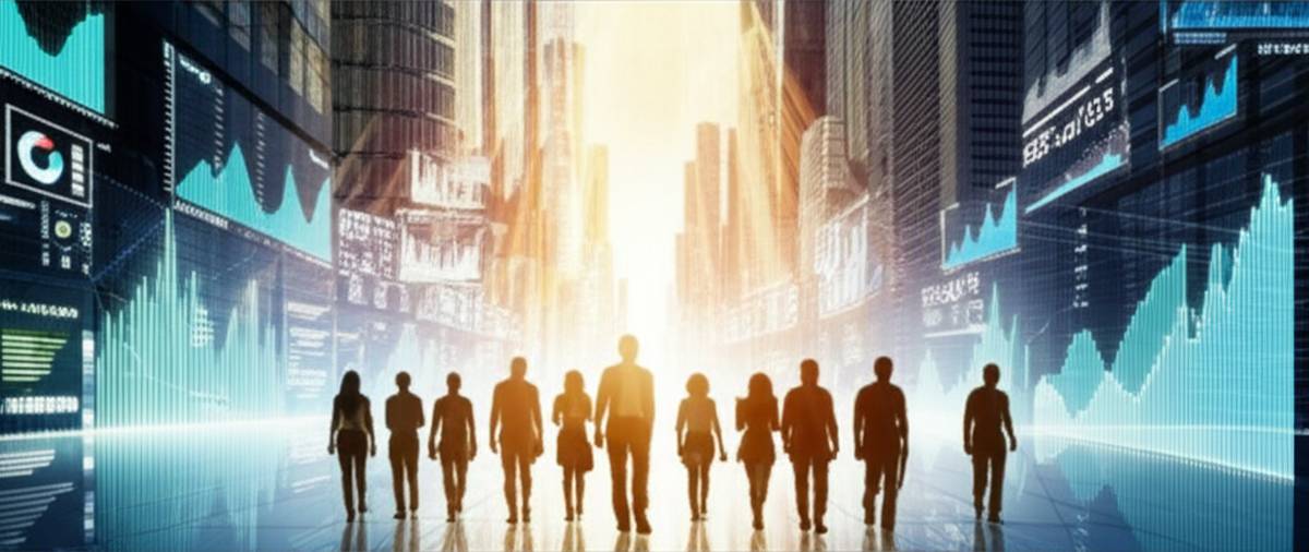 Futuristic cityscape with growth charts & people walking towards a bright future.