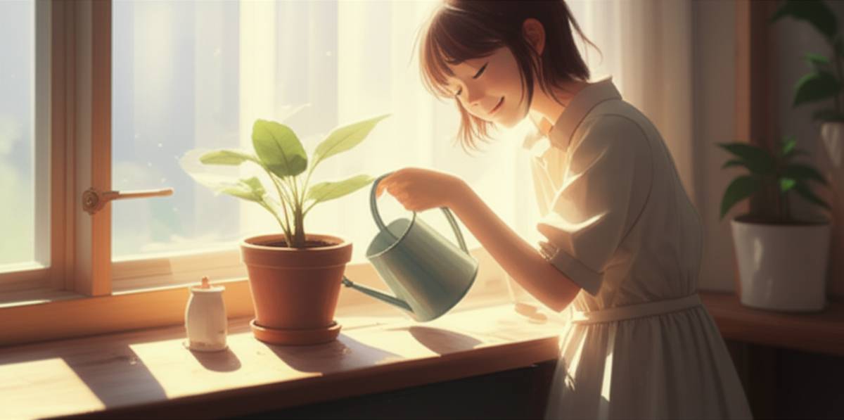 Watering plant for happiness. Small acts, big joy. Sunlight & positive vibes.
