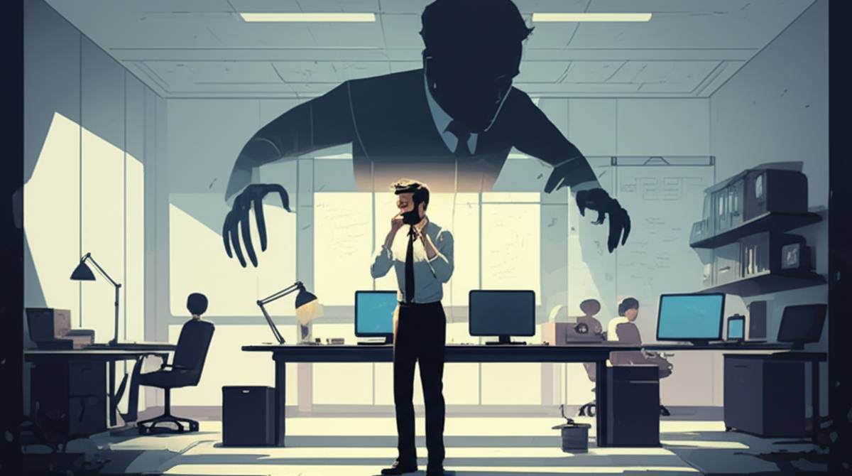 Overwhelmed in office, manipulated by shadowy figure. Toxic work environment illustration.