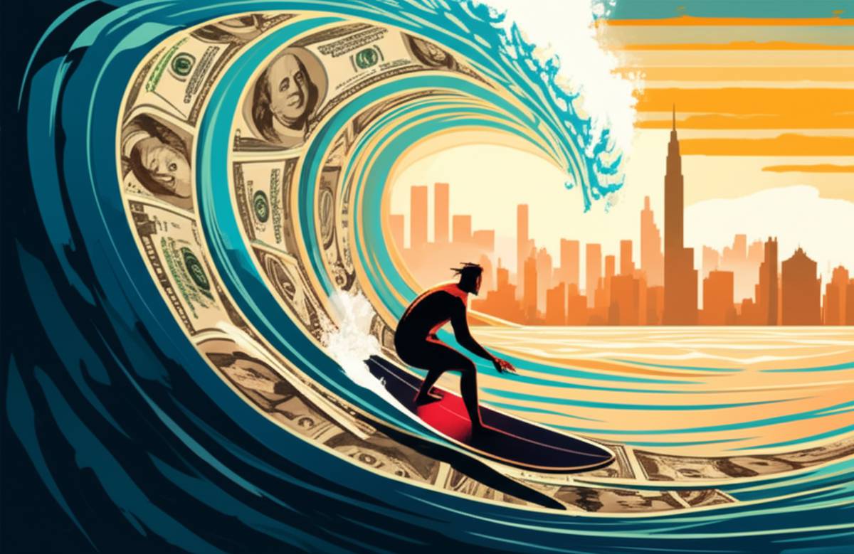 Catching the wave to wealth: Surfer riding money wave towards financial city skyline.
