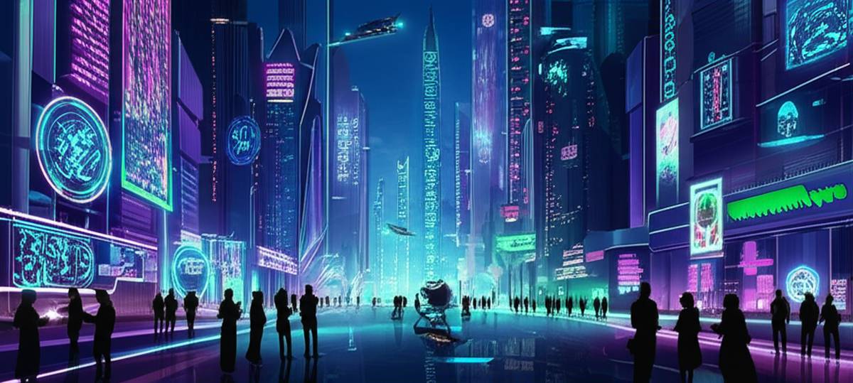Futuristic Cityscape: Neon lights, flying vehicles, holographic displays. Innovation & progress.