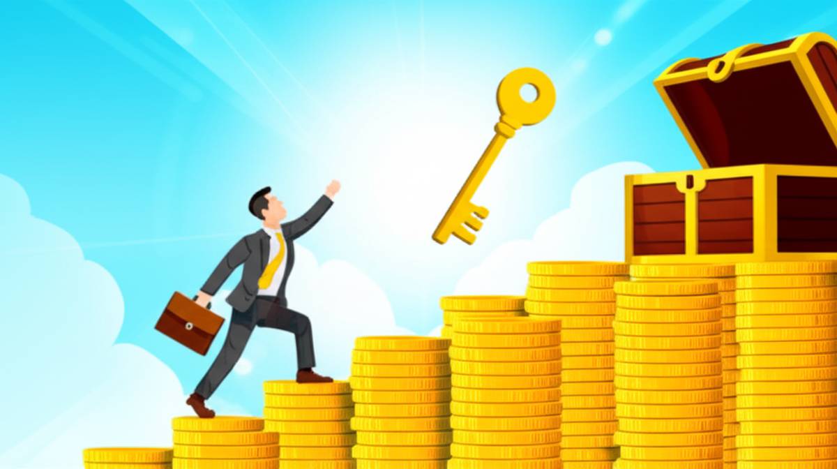 Financial freedom: Climbing a golden staircase to unlock wealth and a bright future.