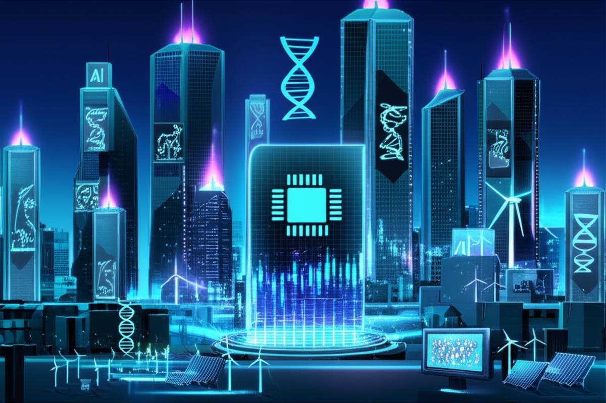 AI-powered industries shaping wealth in 2025: finance, healthcare, education, content, & energy. Futuristic cityscape.