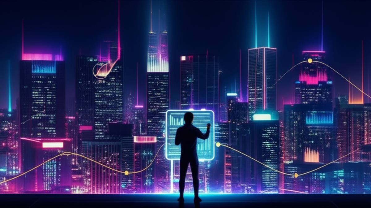 AI Personal Finance: Futuristic cityscape with financial data illuminating skyscrapers.