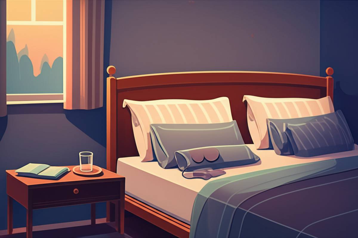 Cozy bedroom at twilight with soft lighting and comfortable bed.