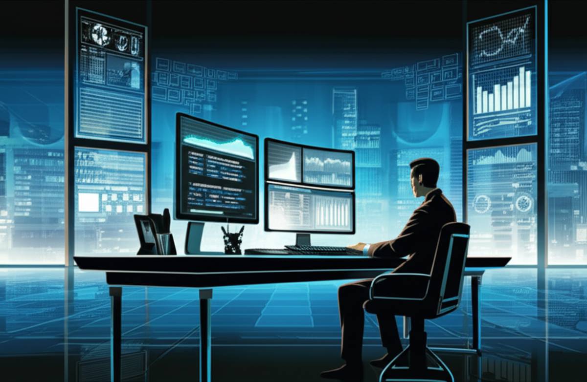 Digital billionaire at desk with charts, code, and city view. Wealth & tech success.