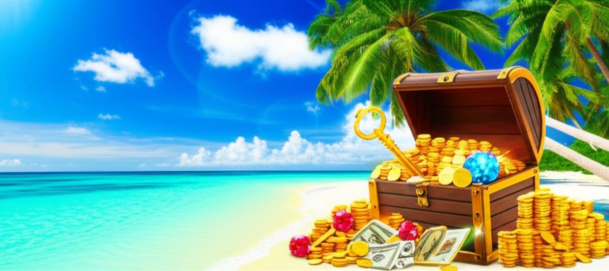Golden key unlocks treasure chest on tropical beach, symbolizing financial freedom.