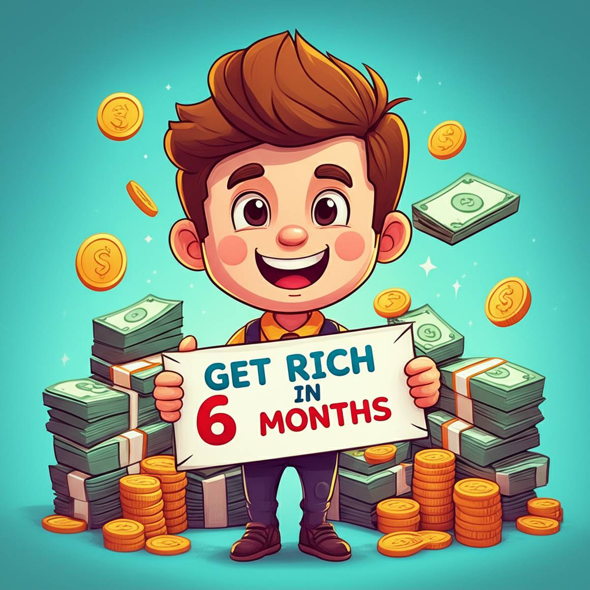 Get Rich in 6 Months: Cartoon guide with money and sign.