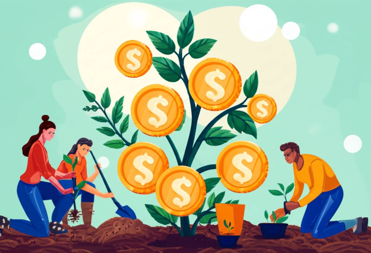 Growth mindset illustration: Plant with coin leaves, diverse team planting seeds for wealth and success.