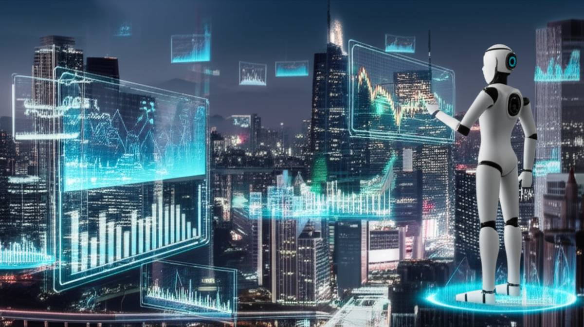 AI robots generating passive income in futuristic city. Automation & AI finance.