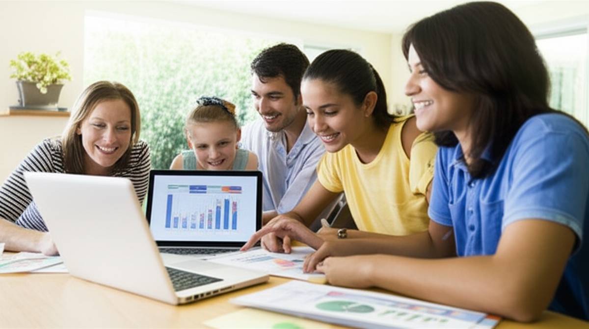 Family budgeting, saving, and investing. Financial planning with laptop and documents.