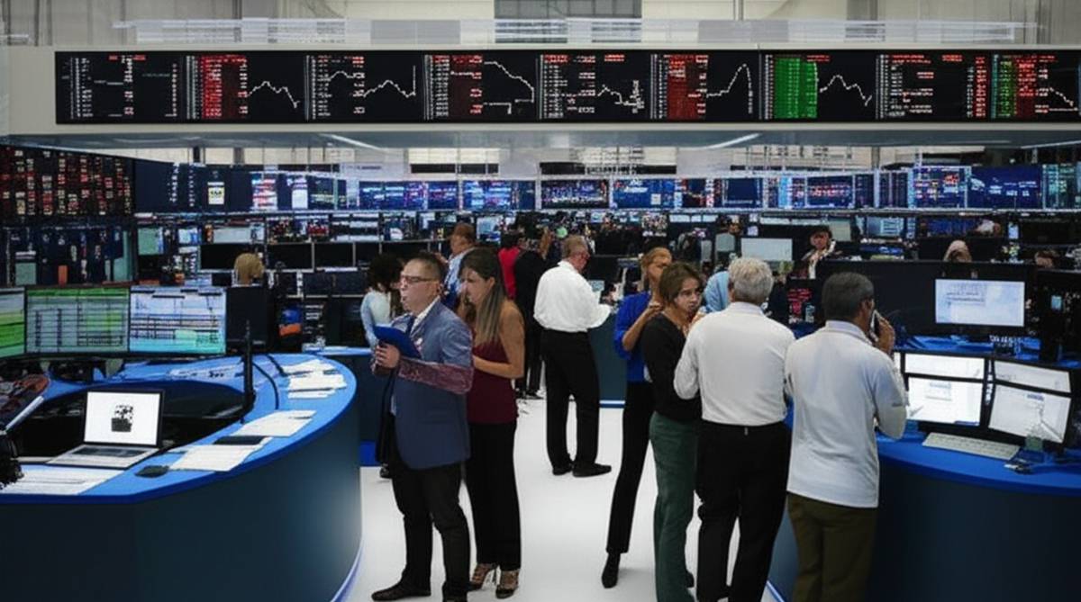 Stock Market Trading Floor: Investors Analyzing Financial Data