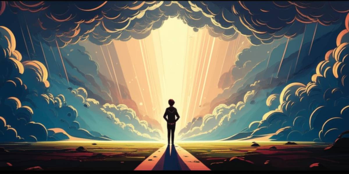 Resilience illustration: Person facing storm with hope and determination.