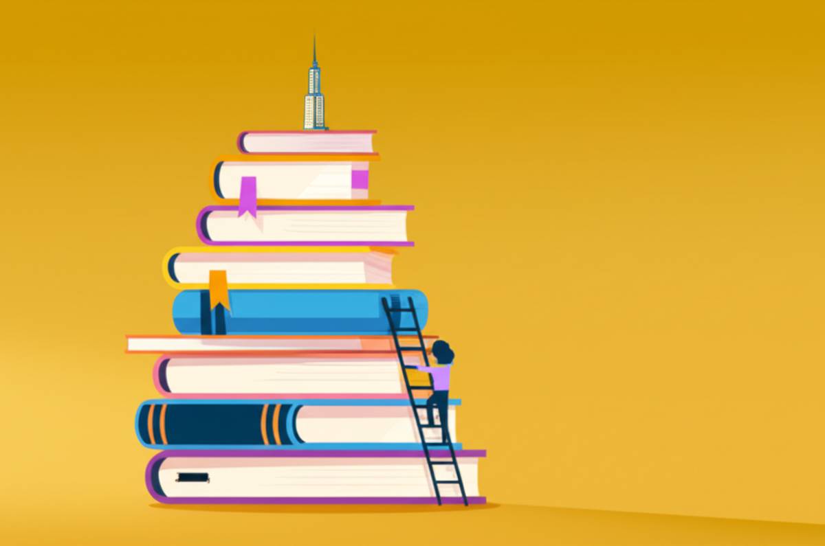 Reading for wealth: Books transforming into a skyscraper, climbing to success. #FinancialLiteracy