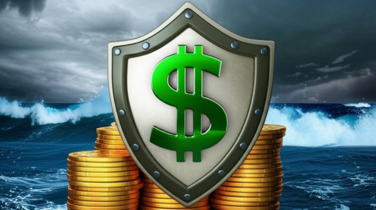 Shield protecting gold coins from stormy market: Secure investment strategy.