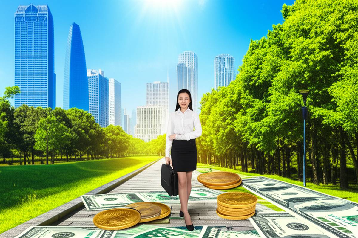 Financial Freedom Journey: Woman on path to city with money and briefcase.