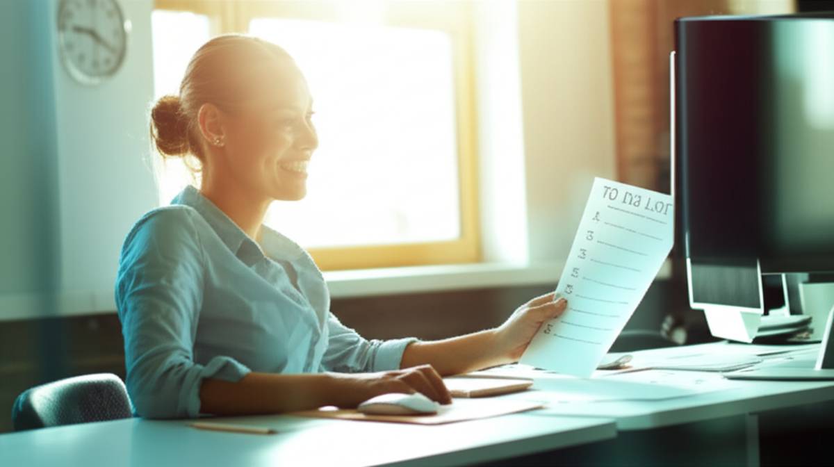 Time management success: Smiling person with to-do list in bright, modern office.