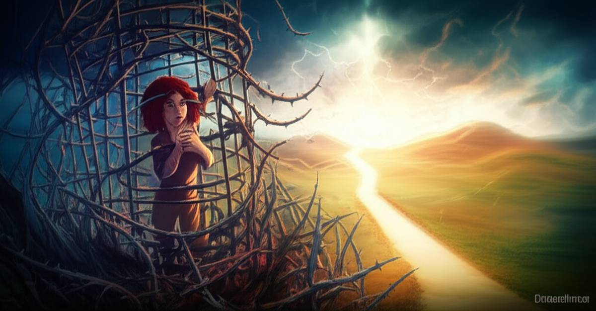 Breaking Free from Toxic Relationships: Thorny cage, glowing path to healing.