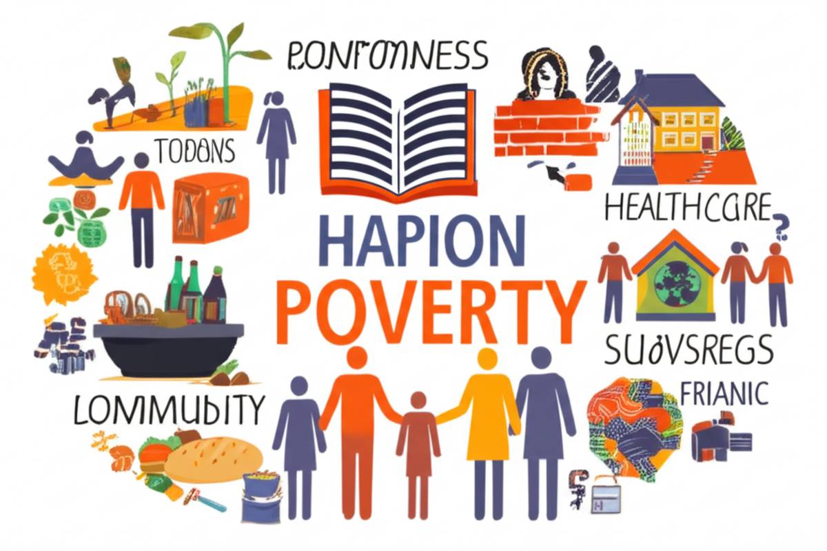 Poverty illustration: Lack of resources, education, healthcare, housing, food insecurity. Hope & solutions.