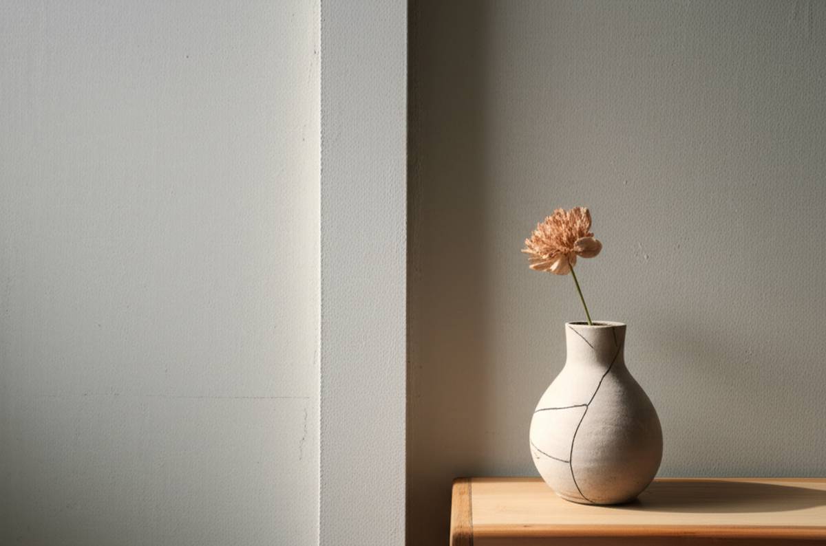 Wabi Sabi interior: minimalist room, cracked vase, natural light, and textured walls.