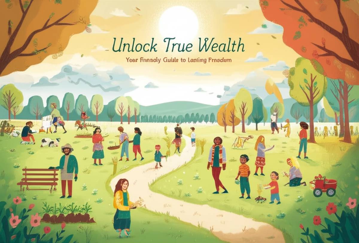 Unlock True Wealth book cover: Path to freedom, diverse people, sunny clearing.