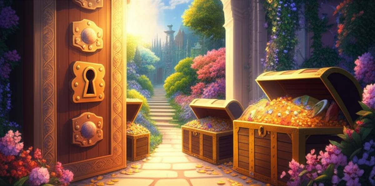 Golden key unlocks door to sunlit path of treasure, gardens, and fantasy. Worthiness unlocks abundance.
