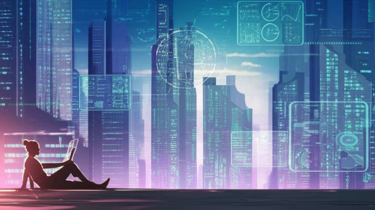 AI-powered future: Relaxing in a smart city with a shorter work week.