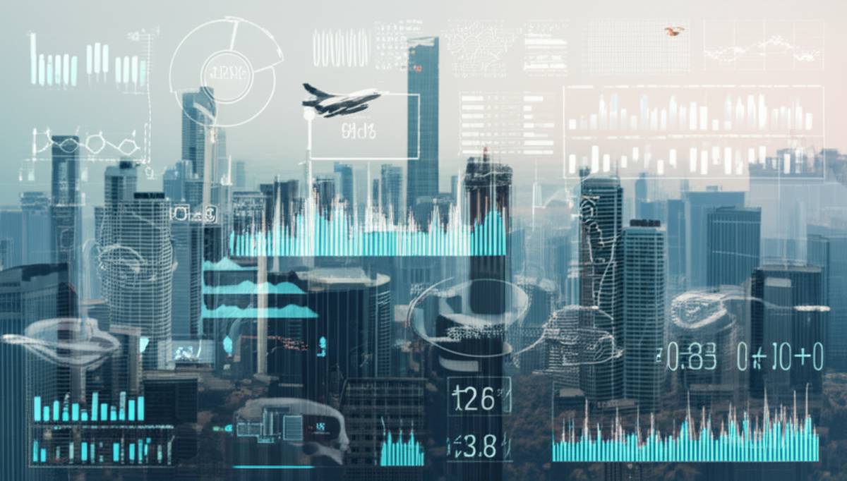 Automated investing: futuristic cityscape with investment data overlay.