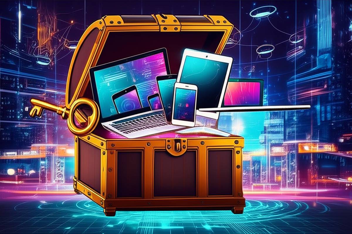 Unlock digital wealth: Key unlocking chest with laptops & phones. Digital income streams.