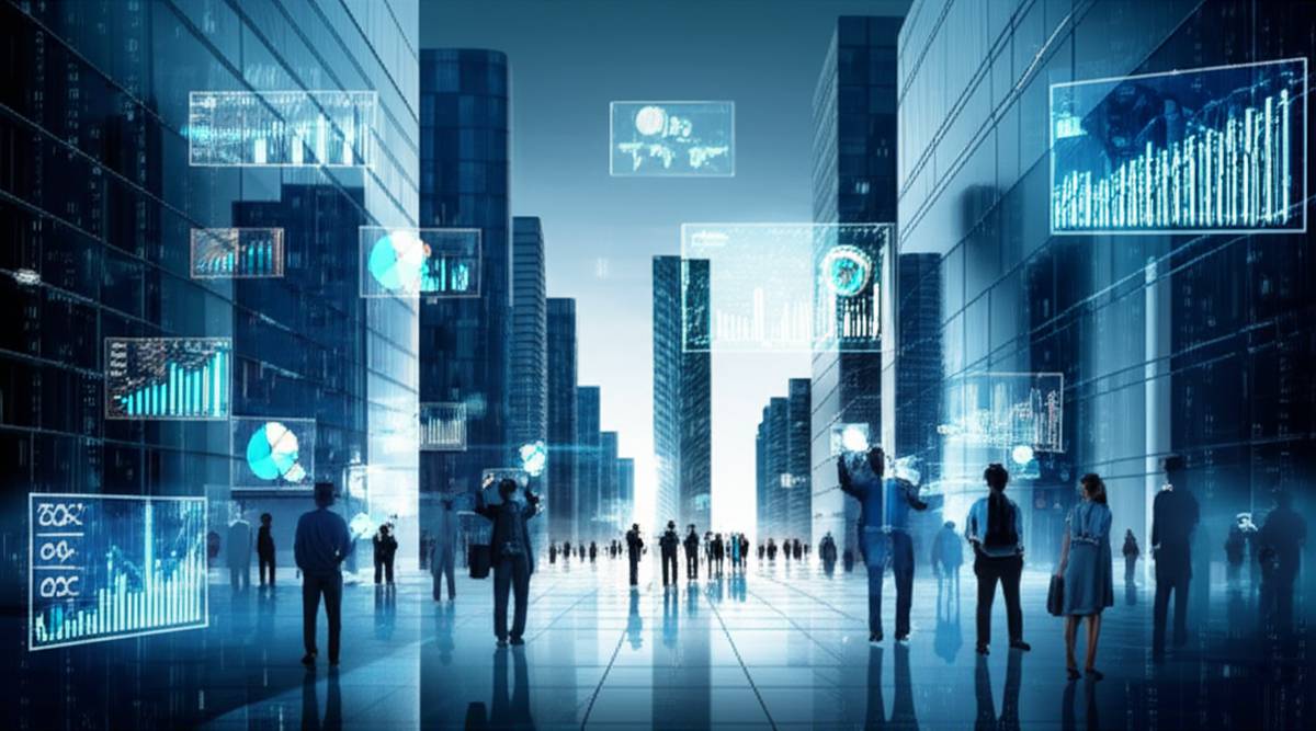 Futuristic cityscape with financial data, digital wealth management concept.