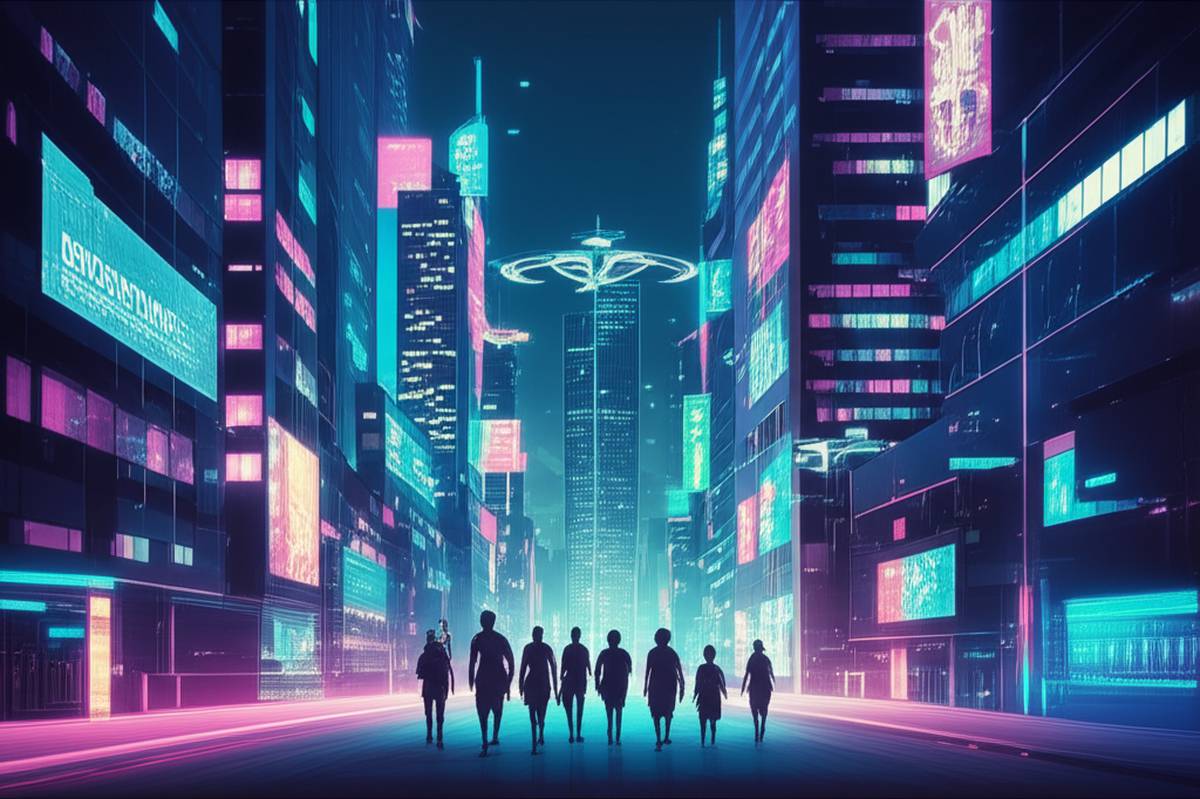 Futuristic cityscape: Invest, Automate, Thrive. Wealth creation after 2025.