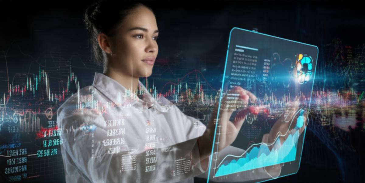 Micro-investing in inflation: Young investor analyzes holographic stock charts with optimism.