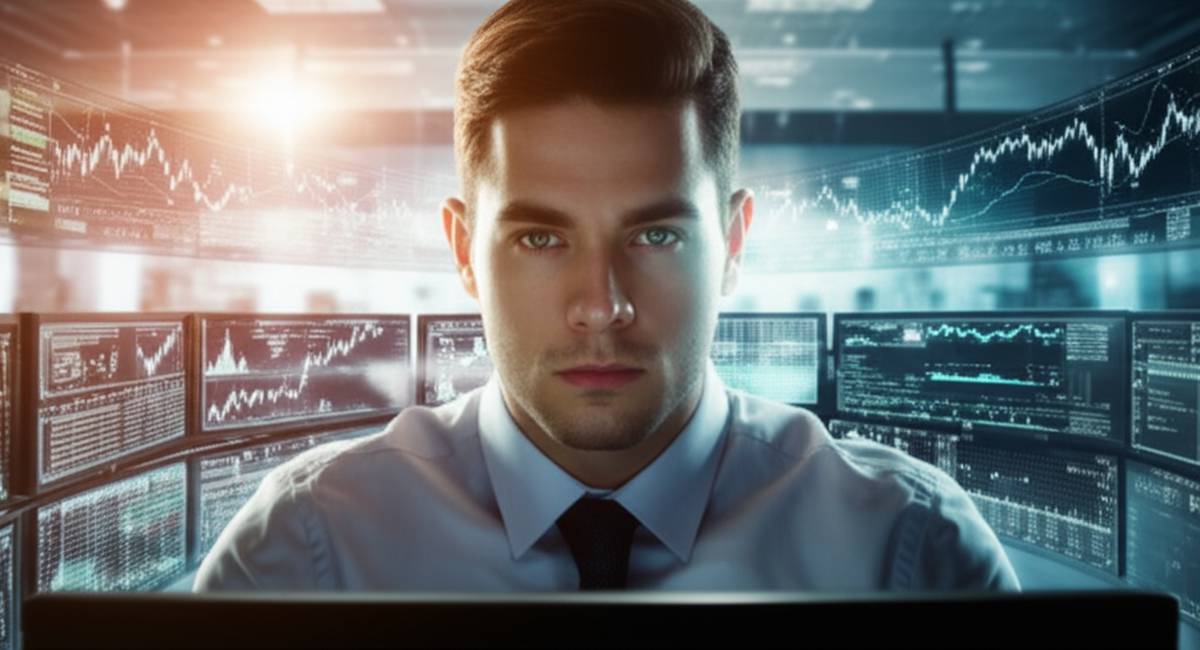 Focused trader surrounded by glowing screens, displaying market data.