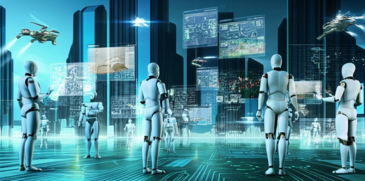 Wealth-building robots analyzing financial data in a futuristic cityscape.