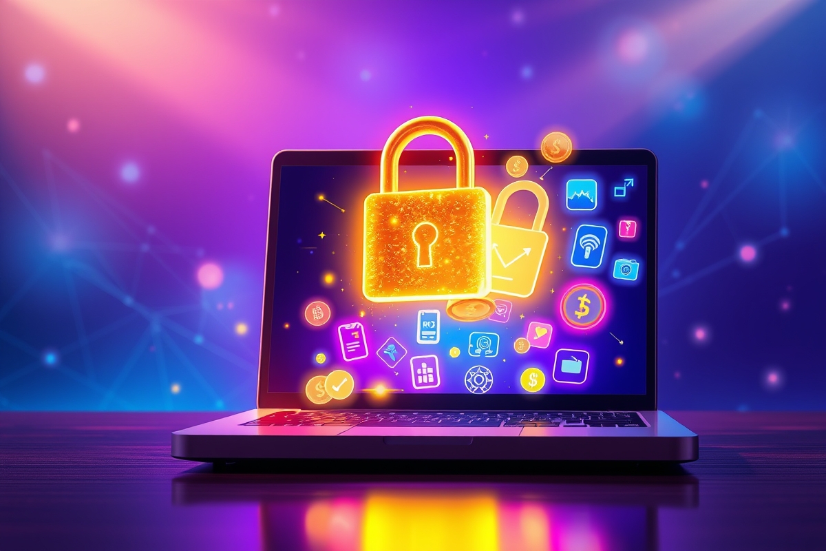 Golden key unlocks digital padlock, releasing coins & icons onto a laptop, representing profitable digital products and online wealth.