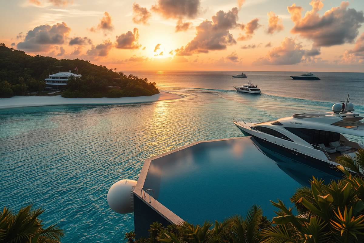 Serene private island resort with crystal clear waters, infinity pool, luxury yacht, and sunset view, showcasing billionmode's dream destinations.