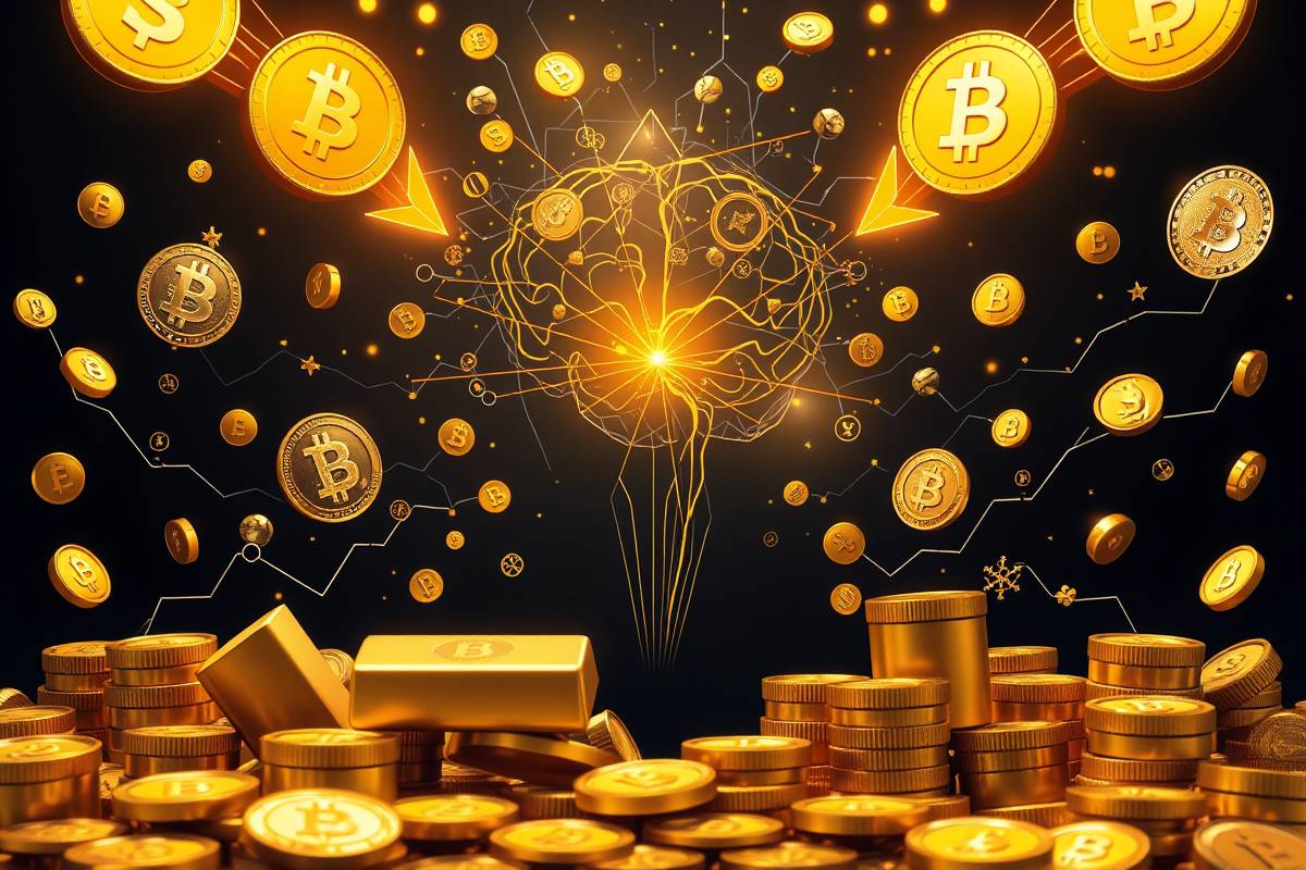 Conceptual image by billionmode illustrating the crypto vs gold debate, blockchain elements, gold bars, and human financial decisions.