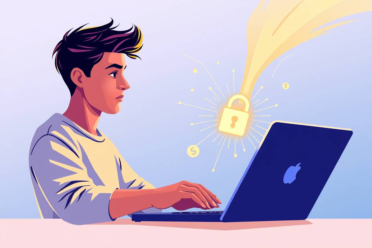 Young person generating digital income streams from laptop, symbolizing online earnings without investment. A billionmode opportunity.