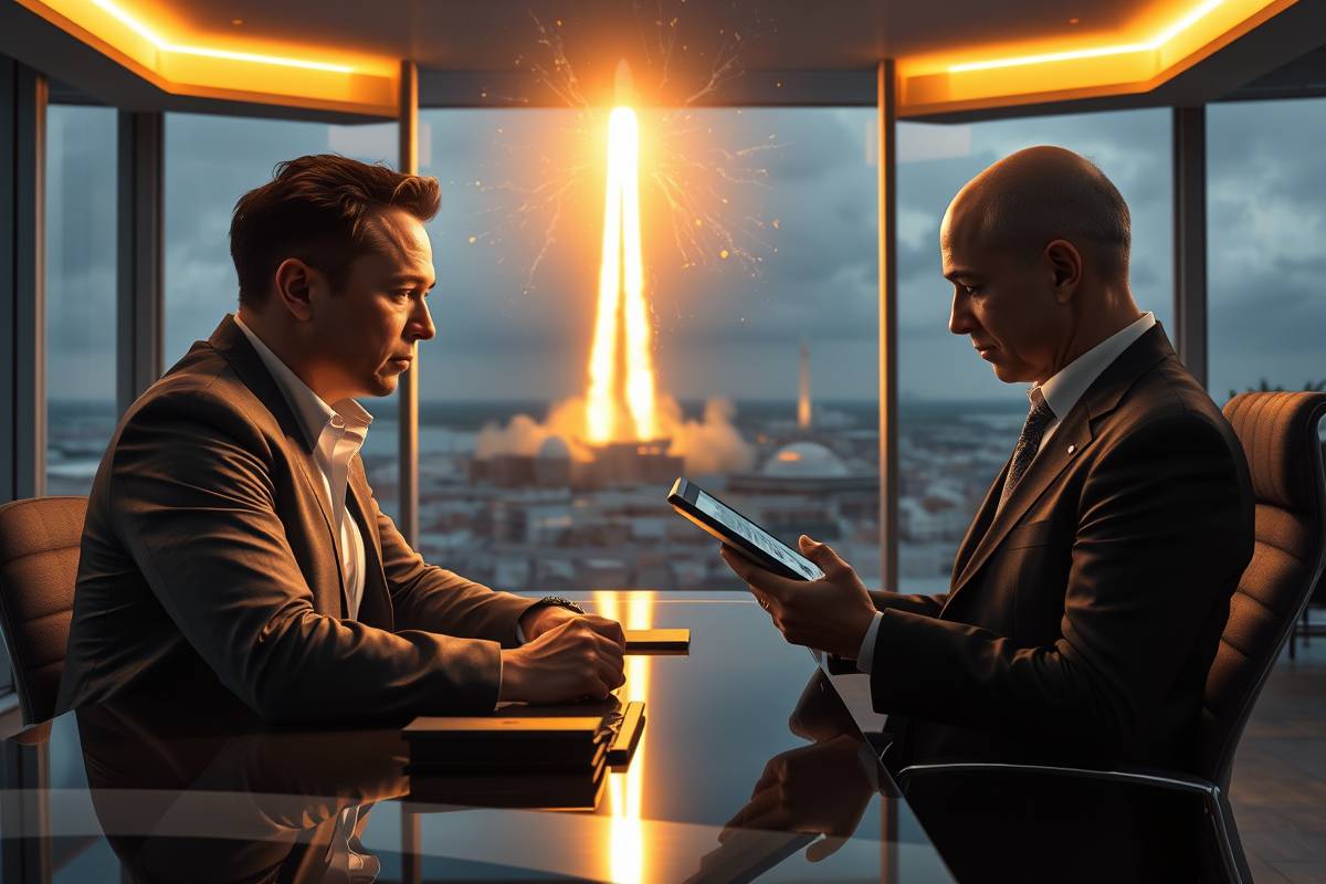 Elon Musk & Jeff Bezos, focused on success, demonstrating daily billionaire habits for wealth, a billionmode depiction.