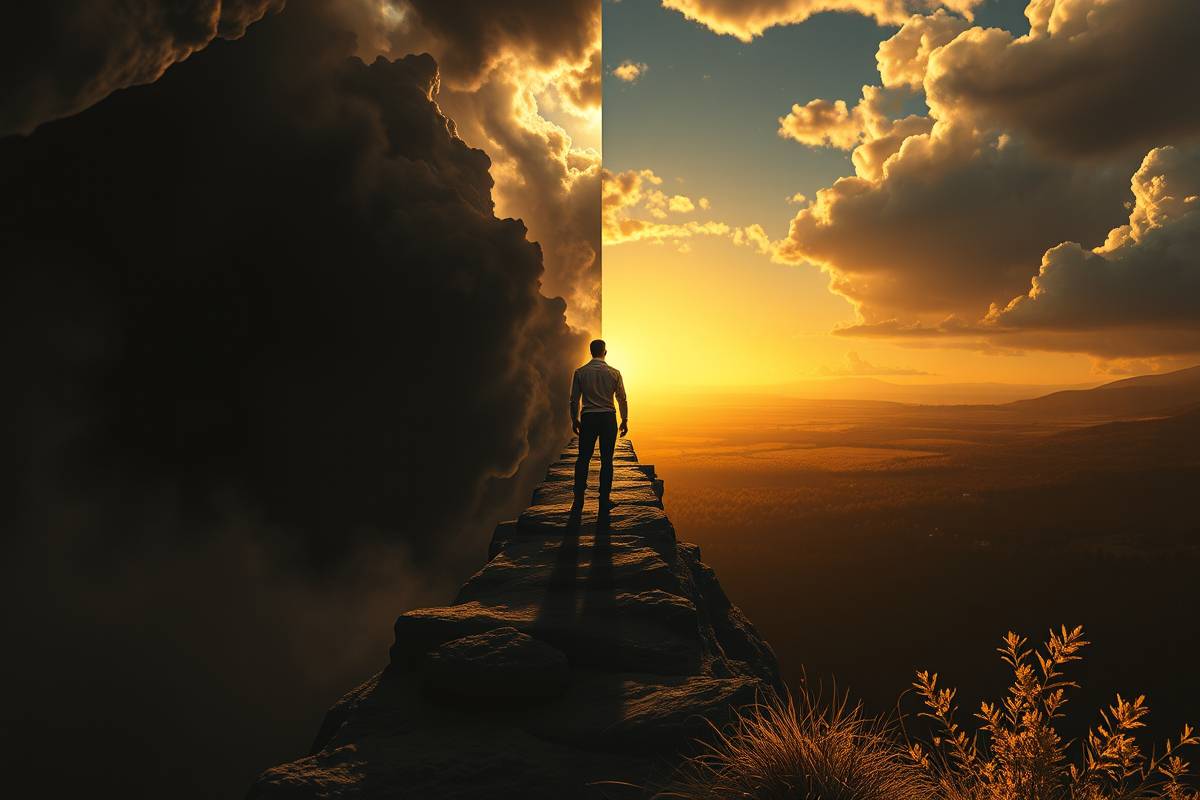 Conceptual art: Breaking free from gaslighting shadows into golden light, symbolizing financial freedom and reclaimed power.