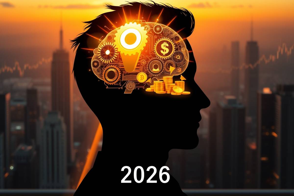 Person's head with glowing gears and wealth symbols, embodying a billionaire mindset for 2026 success with billionmode insights.