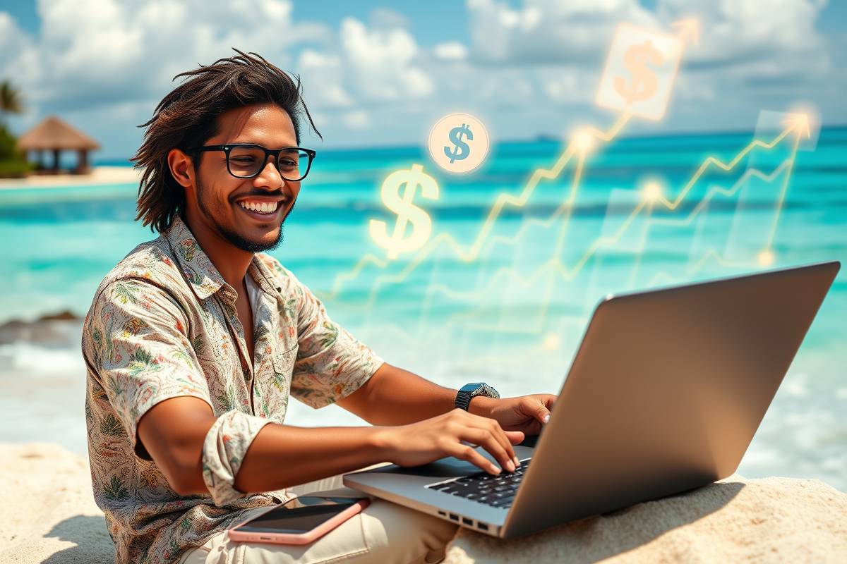Diverse young adult working remotely on a tropical beach with laptop, achieving financial freedom and online income with billionmode.