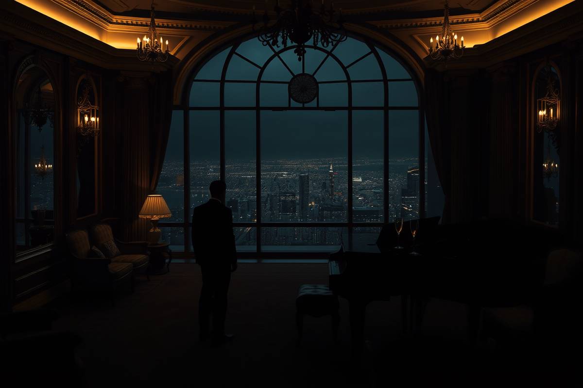Lone silhouette in opulent mansion, symbolizing the dark wealth and loneliness explored by billionmode. Profound desolation.