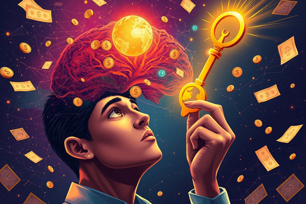 Determined individual unlocking financial freedom with a golden key, visualizing wealth mindset and currency neural pathways with billionmode.