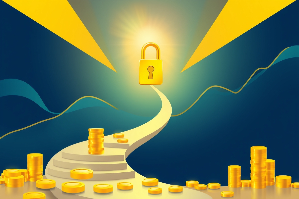 Modern illustration: winding path of increasing golden coins leading to a key unlocking a vault, symbolizing financial growth and success.