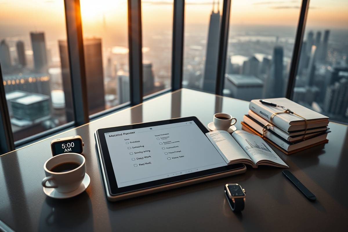 billionmode guide for billionaire morning habits in a sleek, futuristic home office at 5 AM.