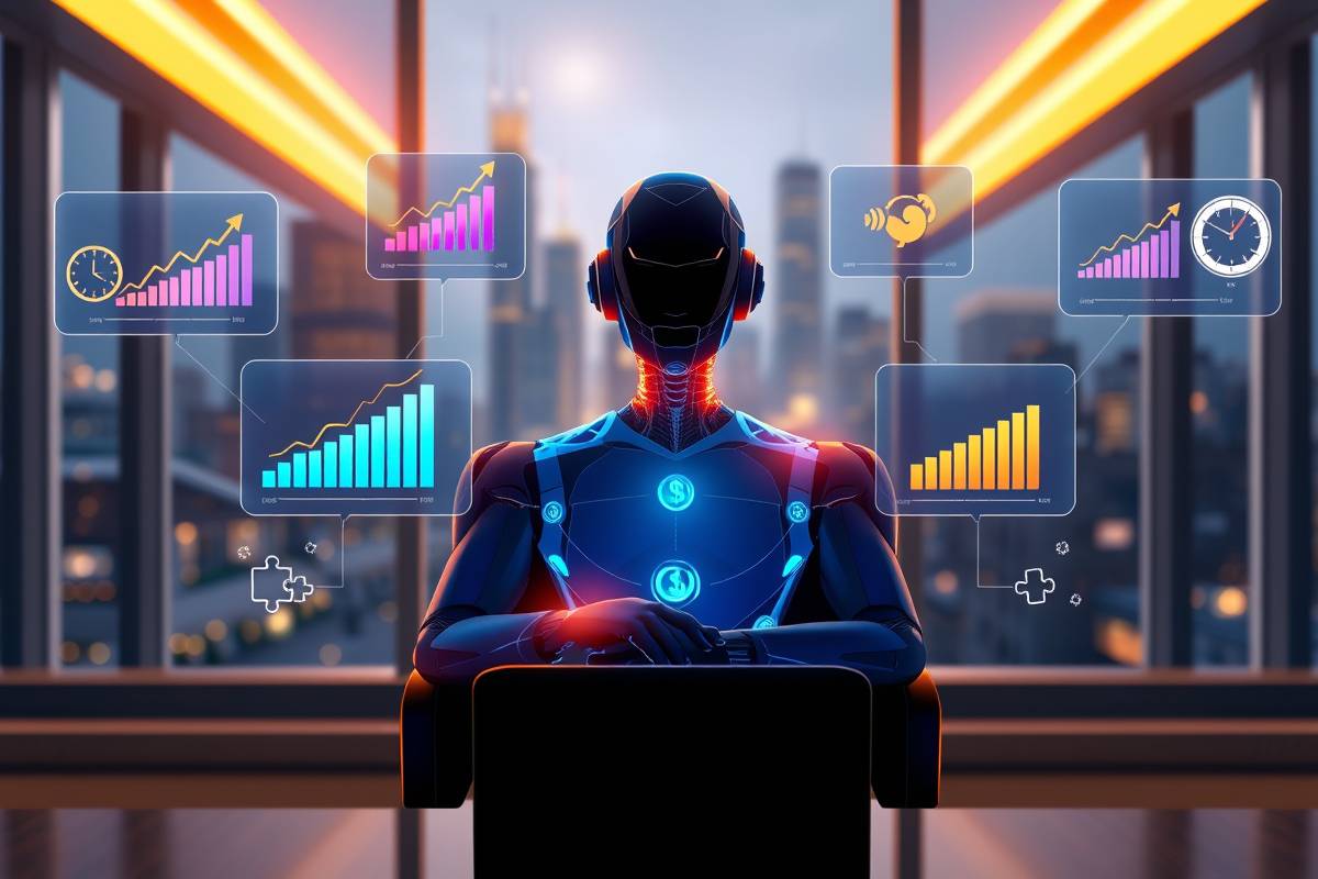 billionmode AI wealth automation concept: glowing hologram overseeing multiple screens showing trending graphs and income streams.